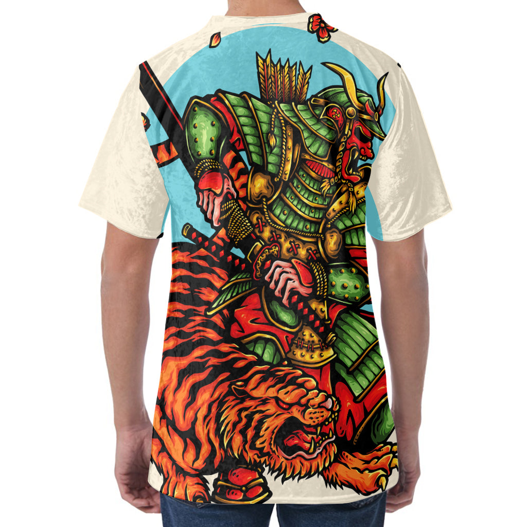 Japanese Samurai And Tiger Print Men's Velvet T-Shirt