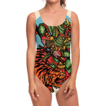 Japanese Samurai And Tiger Print One Piece Swimsuit