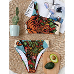 Japanese Samurai And Tiger Print One Shoulder Bikini Top
