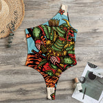 Japanese Samurai And Tiger Print One Shoulder Bodysuit
