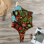 Japanese Samurai And Tiger Print One Shoulder Bodysuit