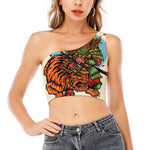 Japanese Samurai And Tiger Print One Shoulder Crop Top