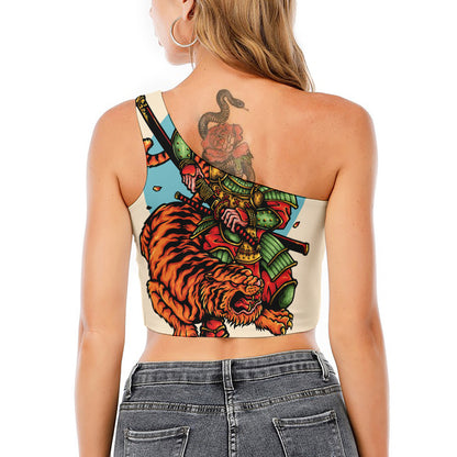 Japanese Samurai And Tiger Print One Shoulder Crop Top