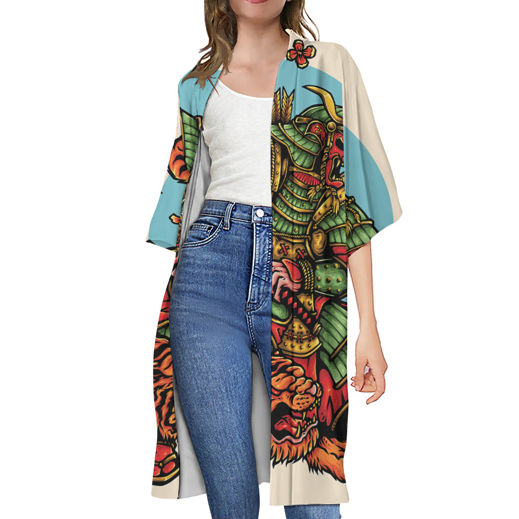 Japanese Samurai And Tiger Print Open Front Beach Cover Up
