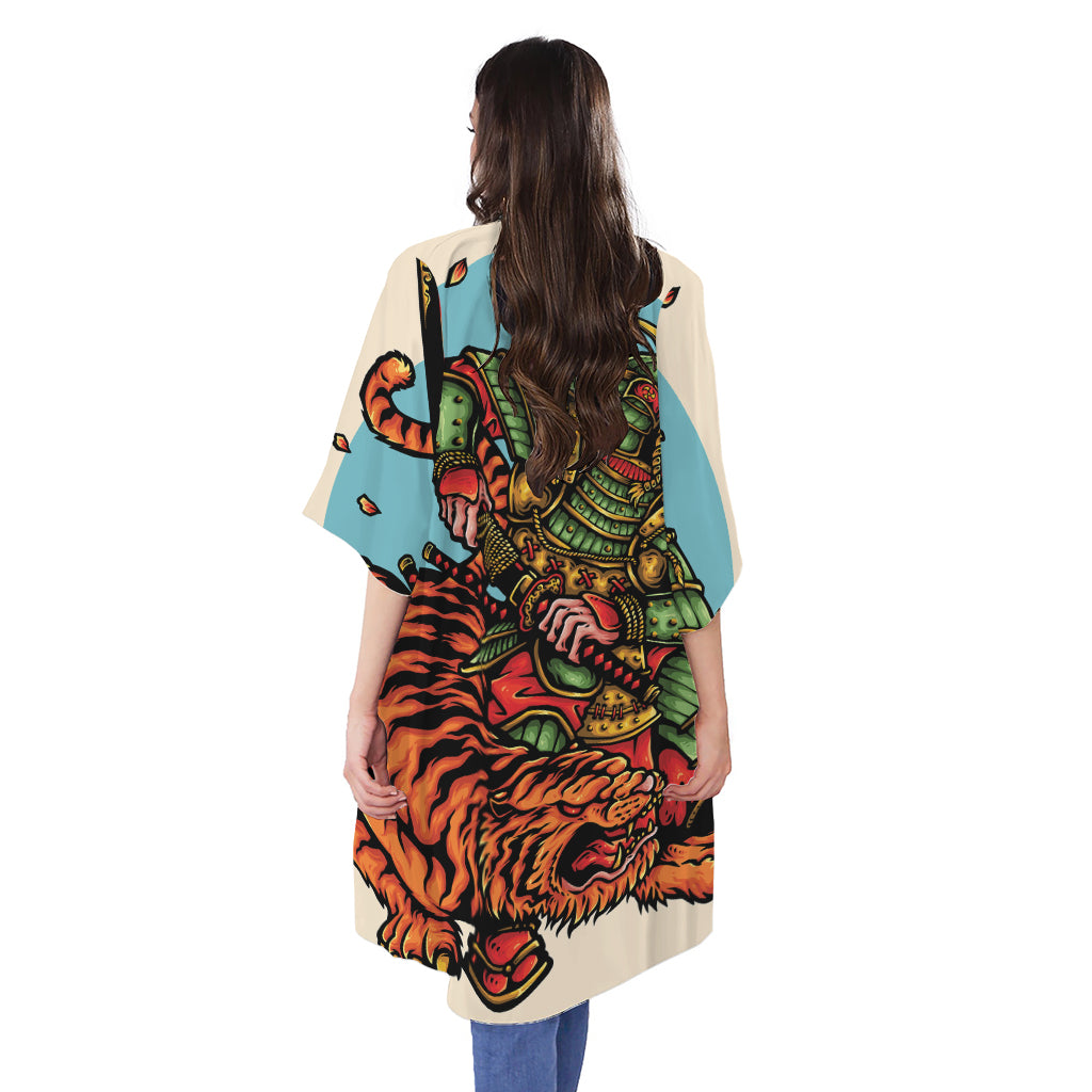 Japanese Samurai And Tiger Print Open Front Beach Cover Up