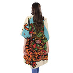Japanese Samurai And Tiger Print Open Front Beach Cover Up