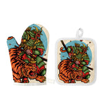 Japanese Samurai And Tiger Print Oven Mitt And Pot Holder Set