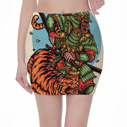 Japanese Samurai And Tiger Print Pencil Mini Skirt