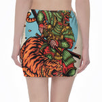 Japanese Samurai And Tiger Print Pencil Mini Skirt