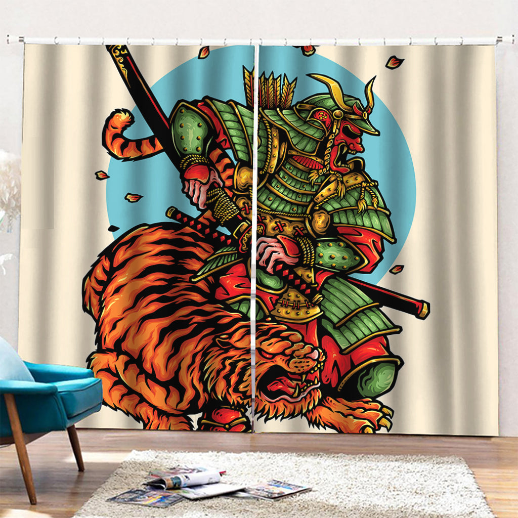 Japanese Samurai And Tiger Print Pencil Pleat Curtains