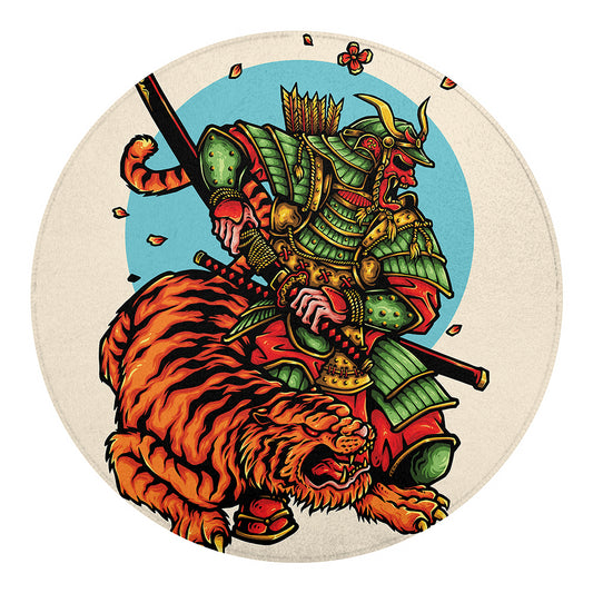 Japanese Samurai And Tiger Print Round Blanket