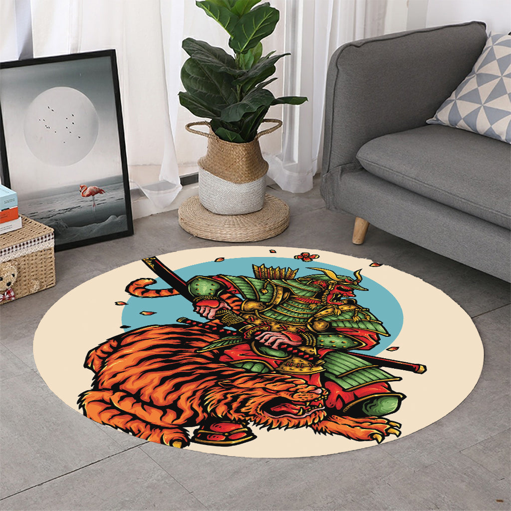 Japanese Samurai And Tiger Print Round Rug