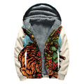 Japanese Samurai And Tiger Print Sherpa Lined Zip Up Hoodie
