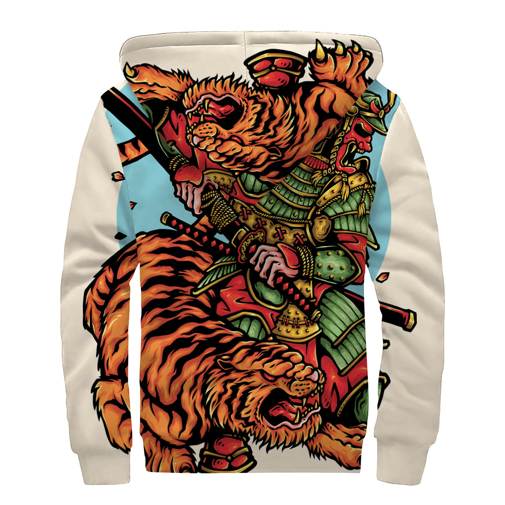 Japanese Samurai And Tiger Print Sherpa Lined Zip Up Hoodie