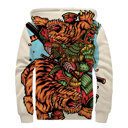 Japanese Samurai And Tiger Print Sherpa Lined Zip Up Hoodie
