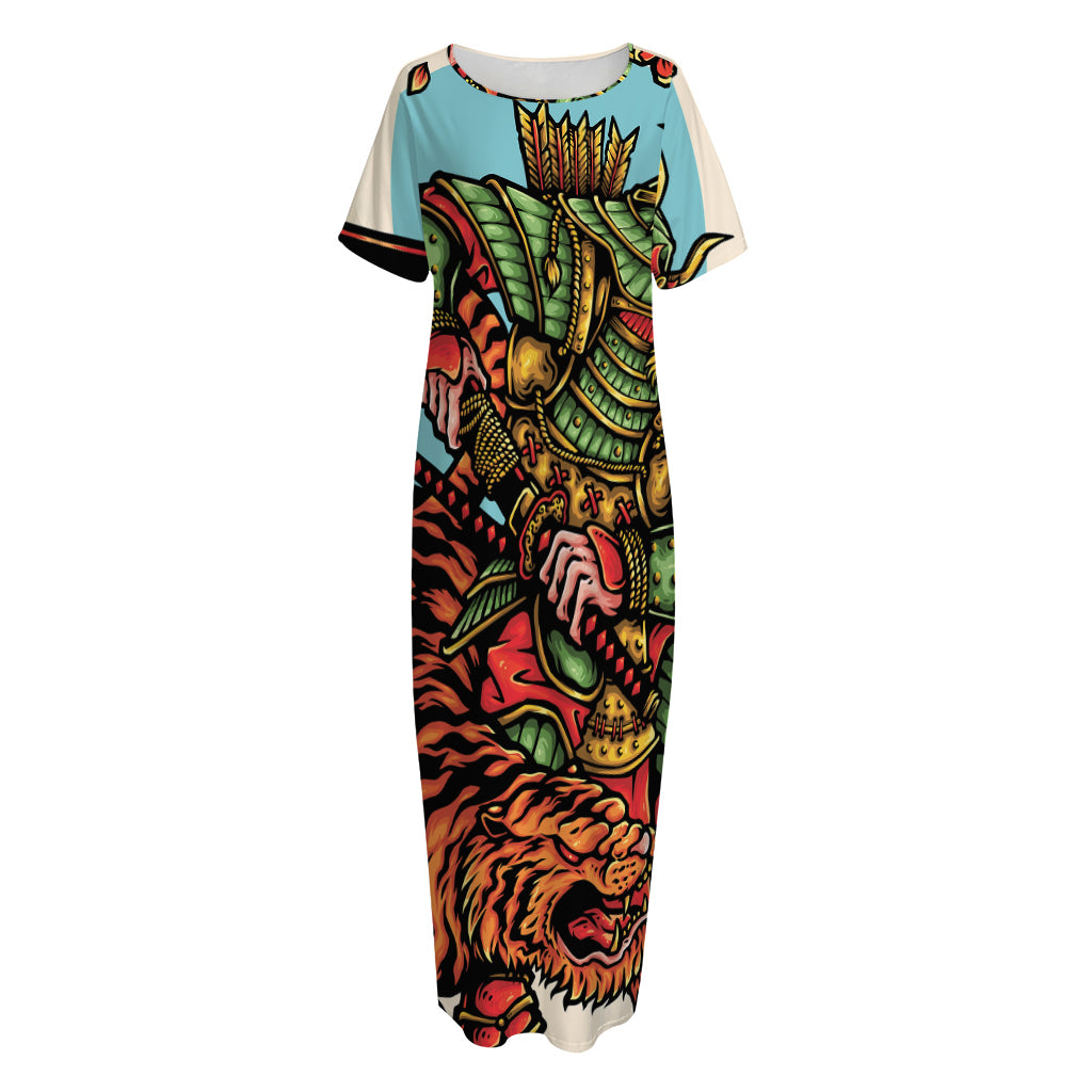 Japanese Samurai And Tiger Print Short Sleeve Long Nightdress