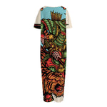 Japanese Samurai And Tiger Print Short Sleeve Long Nightdress