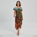 Japanese Samurai And Tiger Print Short Sleeve Maxi Dress