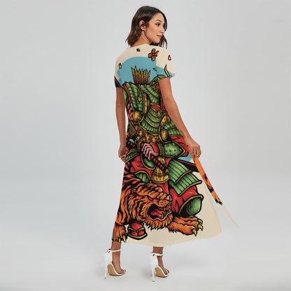 Japanese Samurai And Tiger Print Short Sleeve Maxi Dress