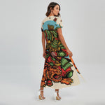 Japanese Samurai And Tiger Print Short Sleeve Maxi Dress