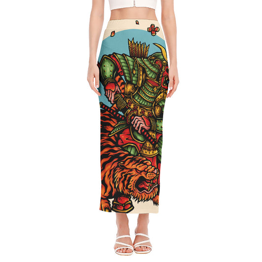 Japanese Samurai And Tiger Print Side Slit Maxi Skirt