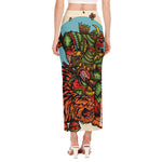 Japanese Samurai And Tiger Print Side Slit Maxi Skirt