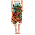 Japanese Samurai And Tiger Print Side Slit Midi Skirt