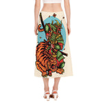 Japanese Samurai And Tiger Print Side Slit Midi Skirt