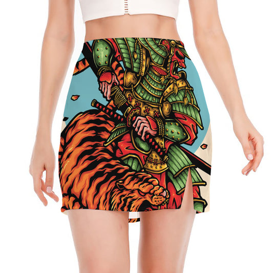 Japanese Samurai And Tiger Print Side Slit Mini Skirt