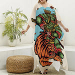Japanese Samurai And Tiger Print Silk V-Neck Kaftan Dress