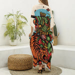 Japanese Samurai And Tiger Print Silk V-Neck Kaftan Dress