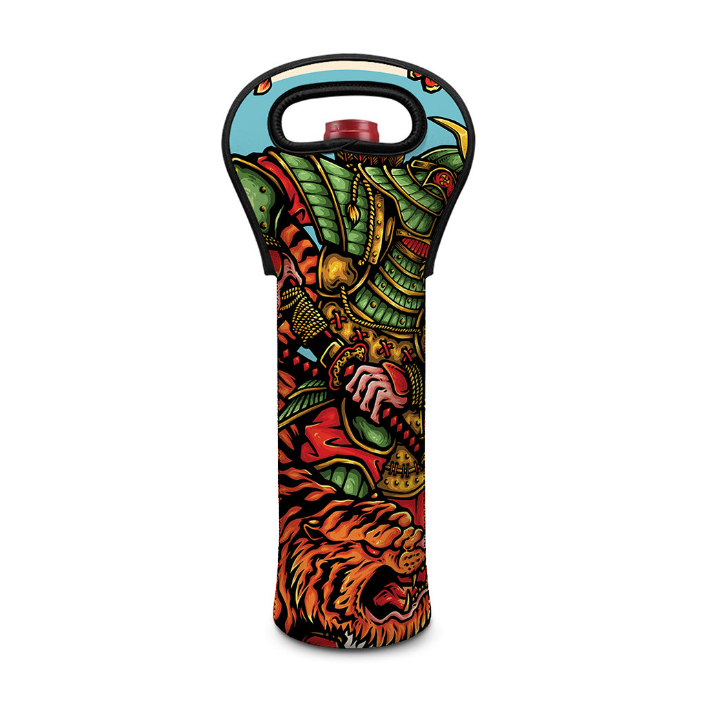 Japanese Samurai And Tiger Print Single Neoprene Wine Tote