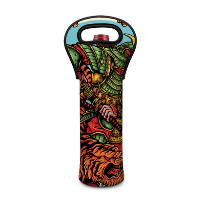 Japanese Samurai And Tiger Print Single Neoprene Wine Tote