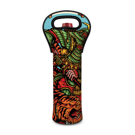 Japanese Samurai And Tiger Print Single Neoprene Wine Tote