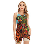Japanese Samurai And Tiger Print Sleeveless One Piece Swimsuit