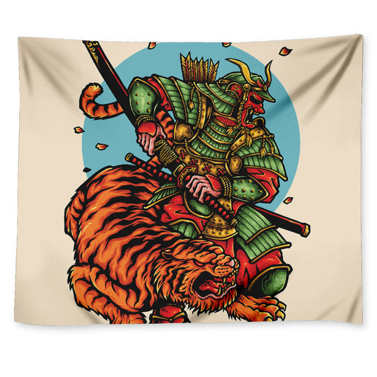 Japanese Samurai And Tiger Print Tapestry
