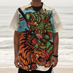 Japanese Samurai And Tiger Print Textured Short Sleeve Shirt