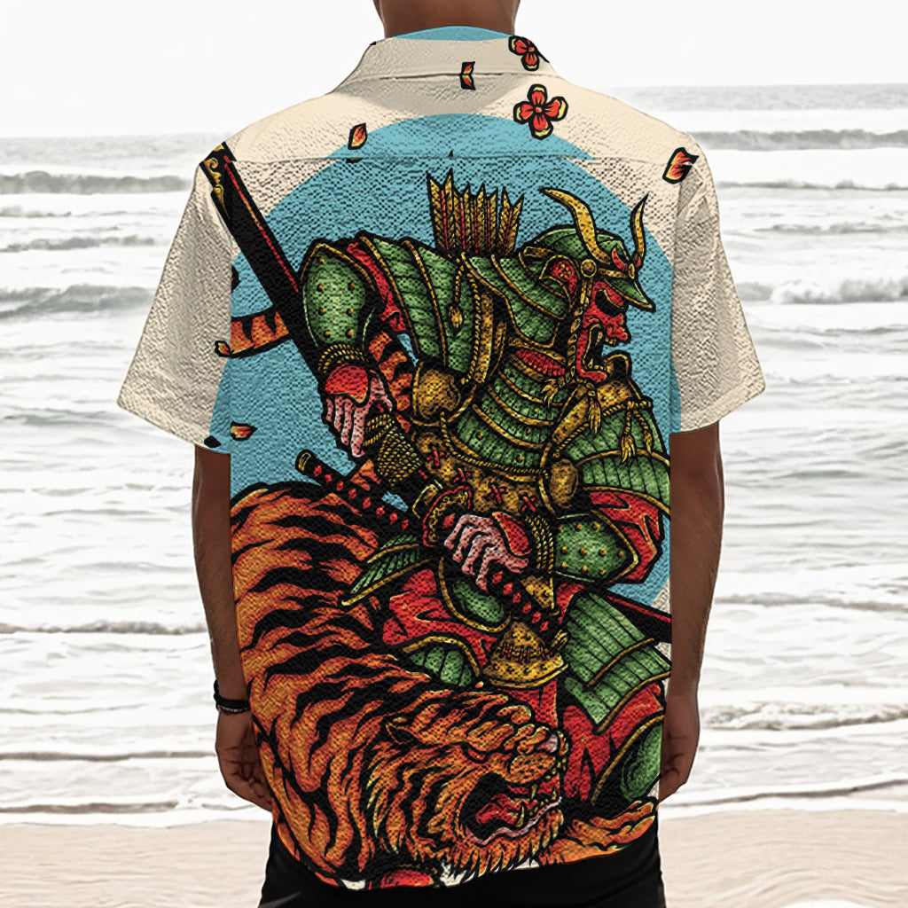 Japanese Samurai And Tiger Print Textured Short Sleeve Shirt