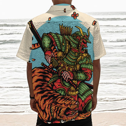 Japanese Samurai And Tiger Print Textured Short Sleeve Shirt