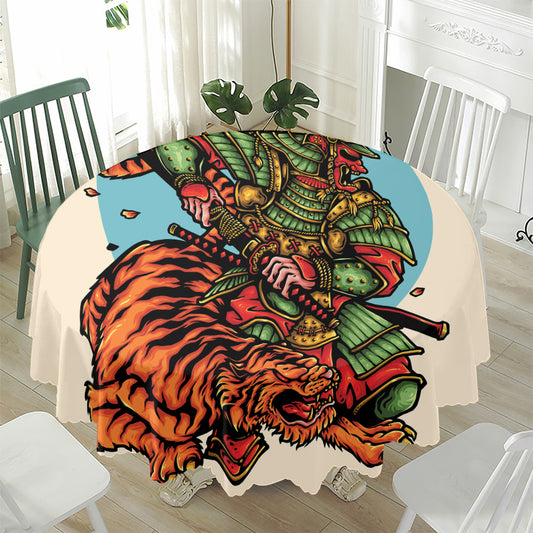 Japanese Samurai And Tiger Print Waterproof Round Tablecloth
