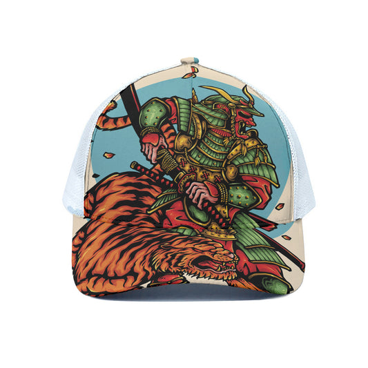 Japanese Samurai And Tiger Print White Mesh Trucker Cap