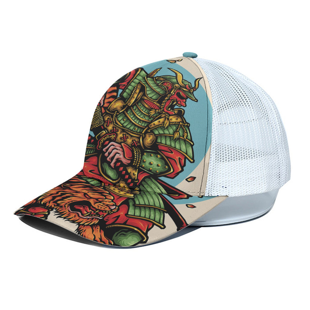Japanese Samurai And Tiger Print White Mesh Trucker Cap