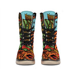 Japanese Samurai And Tiger Print Winter Boots