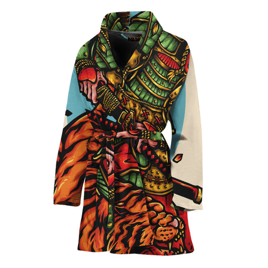 Japanese Samurai And Tiger Print Women's Bathrobe