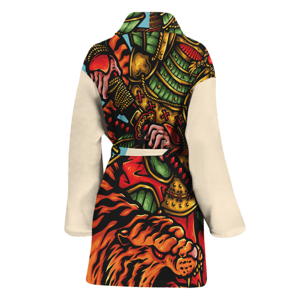Japanese Samurai And Tiger Print Women's Bathrobe