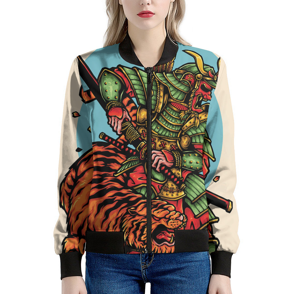 Japanese Samurai And Tiger Print Women's Bomber Jacket