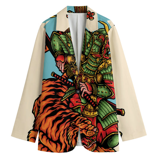 Japanese Samurai And Tiger Print Women's Cotton Blazer