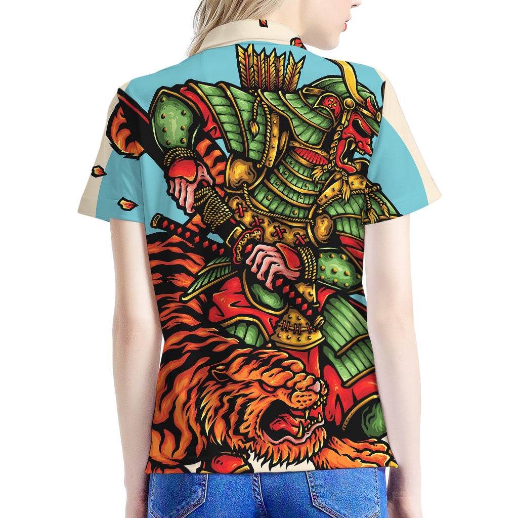 Japanese Samurai And Tiger Print Women's Polo Shirt