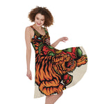 Japanese Samurai And Tiger Print Women's Sleeveless Dress