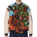 Japanese Samurai And Tiger Print Zip Sleeve Bomber Jacket